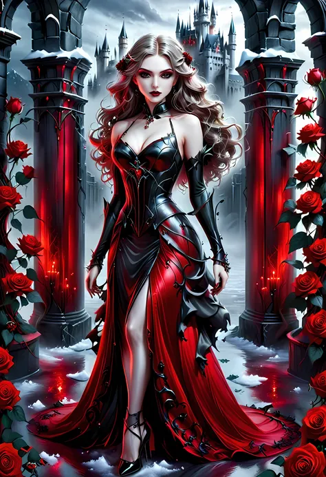 Dark fantasy art, fantasy art, goth art, a picture of a female vampire, exquisite beauty, full body shot, dark glamour shot, pale white skin, dark blond hair, long hair, wavy hair, (icy grey: 1.3) eyes, she wears a (red: 1.3) dress, ArmoredDress, entwi...