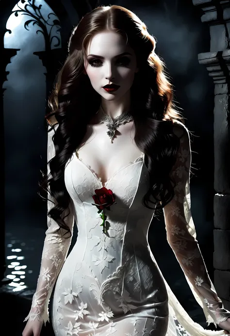 Dark fantasy art, fantasy art, goth art,  a picture of a female vampire, exquisite beauty, full body shot, dark glamour shot,  pale white skin, dark blond hair, long hair, wavy hair, (glowing grey: 1.3) eyes,  she  wears a (white lace dress: 1.3) exquisite...