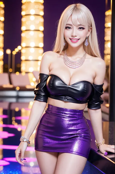 (nsfw), sexy female princess, sexy smile, long lashes, defined eyebrows, bold lipstick, lip-gloss, professional eye-makeup, (sparkling large necklace), (sparkling large bracelets), (dark purple leather mini skirt), gyaru, very short sparkling platinum blon...