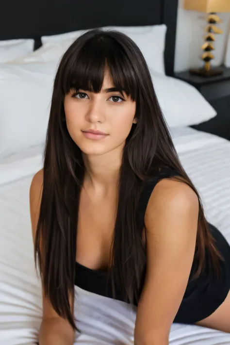 A young Portuguese teenager of 17 with long hair with bangs, pretty and cute in her bed, very comfortable and sexy