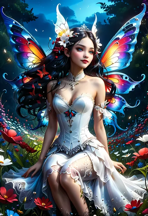 high details, best quality, 16k, RAW, [best detailed], masterpiece, best quality, (extremely detailed), full body, ultra wide shot, photorealistic, dark fantasy art, goth art, RPG art, D&D art, a picture of a dark female fairy resting in a flower meadow, e...