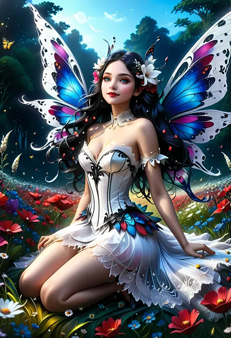 high details, best quality, 16k, RAW, [best detailed], masterpiece, best quality, (extremely detailed), full body, ultra wide shot, photorealistic, dark fantasy art, goth art, RPG art, D&D art, a picture of a dark female fairy resting in a flower meadow, e...