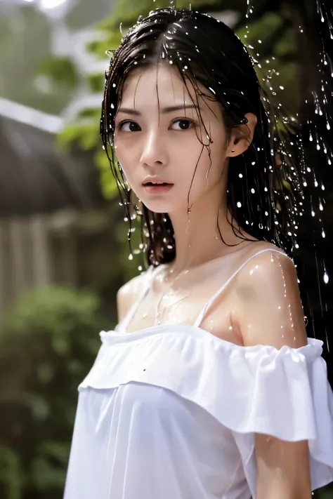 Best Image Quality, masterpiece, Ultra high resolution, (loyalty :1.4), Skinny Japanese woman, 1 girl, detailed face, detailed eyes, correct human body structure, dim, Dark, Tears, Tearsdrop, (White shirt), (wet soaked clothes:1.4), bare shoulders, torrent...