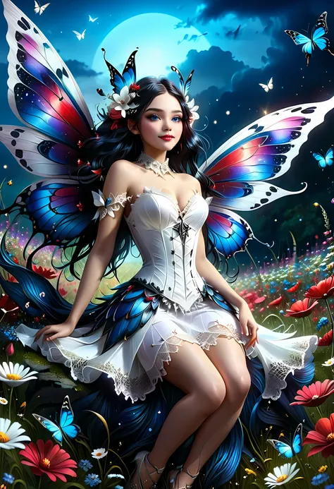 high details, best quality, 16k, RAW, [best detailed], masterpiece, best quality, (extremely detailed), full body, ultra wide shot, photorealistic, dark fantasy art, goth art, RPG art, D&D art, a picture of a dark female fairy resting in a flower meadow, e...