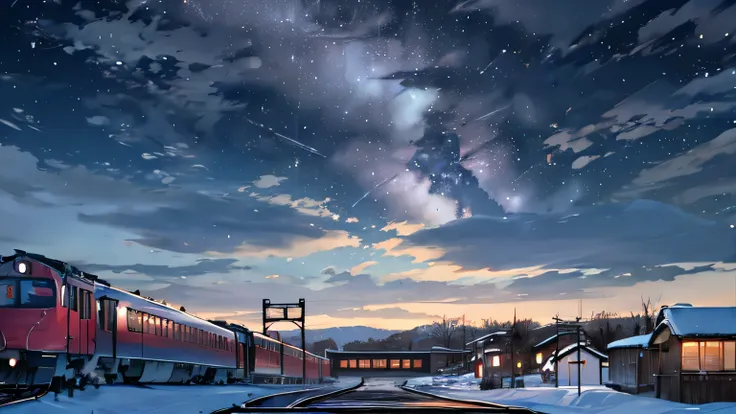 There is a train running along the tracks in the snow, Makoto Shinkai&#39;s concept art, tumblr, magic realism, beautiful anime scenes, cosmic sky. by makoto shinkai, ( ( makoto shinkai ) ), anime background art, anime backgrounds, Makoto Shinkai&#39;s sty...