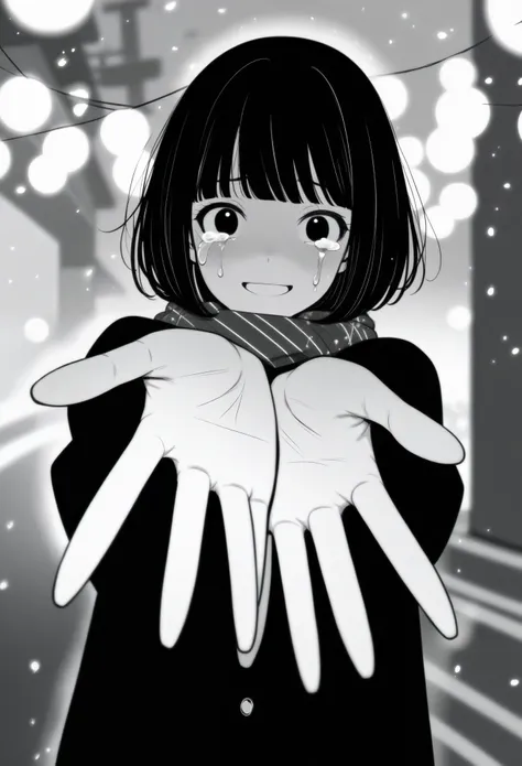 masterpiece, best quality, 1girl, mamerakkkkko, grayscale, manga style, japanese, chi no wadachi, black eyes, street, iced, black hair, schoolbag, smile, lineart, black coat, black scarf, black pleated skirt, leggins, centered, 18 years old, tall, fair ski...