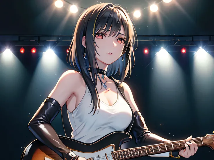 black hair, bob cut, crystal hair, cinematic lighting, ((masterpiece)), accurate, super detail, textured skin, high quality, high details, best quality, highres, Guitarist and band members performing at a live venue, bathed in a multi-colored spotlight, Wo...