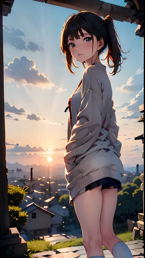 One Girl, (Sunset sky), Standing and waving, School Area, Countryside landscape, scenery, School Cardigan, (Sleeves are longer than the wrist), Powerful loafers, Black ash two side up hair, Blunt bangs, Beautiful dark eyes, Black knee socks, Cinema Lightin...