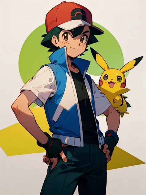 (masterpiece, best quality:1.2), cowboy shot, solo, 1boy pokemonketchum, smile, looking at viewer, hand on hip, baseball cap, blue jacket, sleeveless jacket, shirt, short sleeves, pants, fingerless gloves,pikachu(pokemon), ball throwing pose