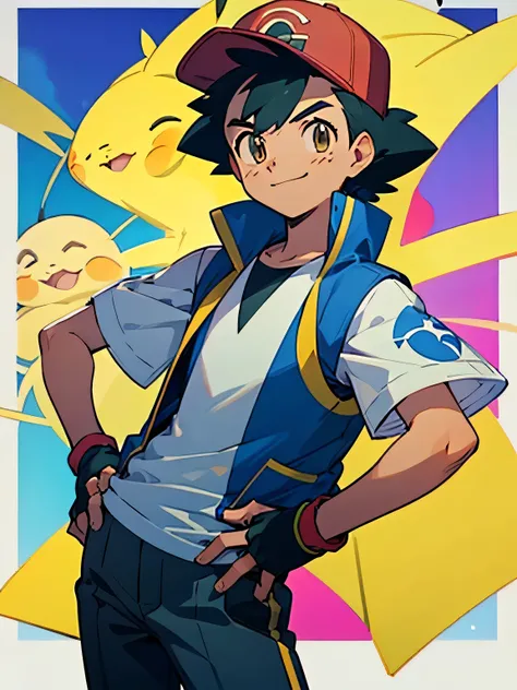 (masterpiece, best quality:1.2), cowboy shot, solo, 1boy pokemonketchum, smile, looking at viewer, hand on hip, baseball cap, blue jacket, sleeveless jacket, shirt, short sleeves, pants, fingerless gloves,pikachu(pokemon), ball throwing pose