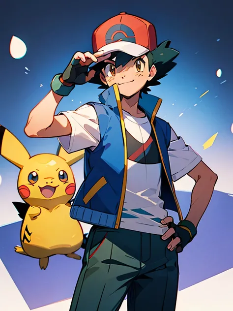 (masterpiece, best quality:1.2), cowboy shot, solo, 1boy pokemonketchum, smile, looking at viewer, hand on hip, baseball cap, blue jacket, sleeveless jacket, shirt, short sleeves, pants, fingerless gloves,pikachu(pokemon), ball throwing pose