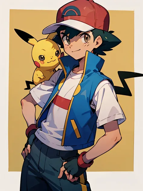 (masterpiece, best quality:1.2), cowboy shot, solo, 1boy pokemonketchum, smile, looking at viewer, hand on hip, baseball cap, blue jacket, sleeveless jacket, shirt, short sleeves, pants, fingerless gloves,pikachu(pokemon),