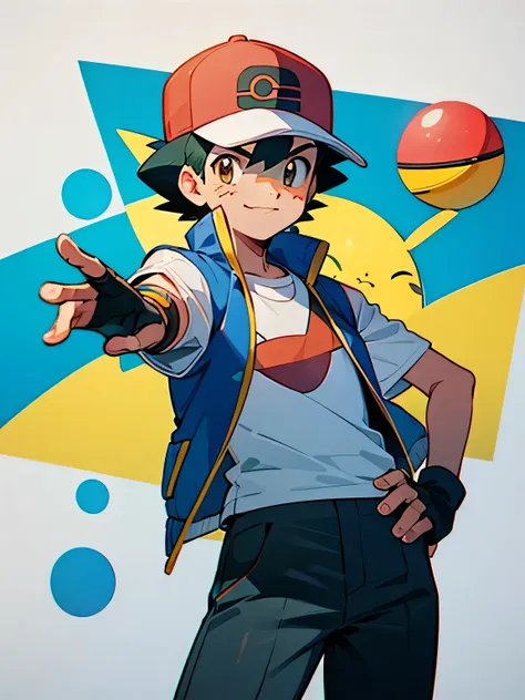 (masterpiece, best quality:1.2), cowboy shot, solo, 1boy pokemonketchum, smile, looking at viewer, hand on hip, baseball cap, bl...