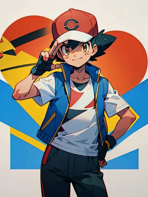 (masterpiece, best quality:1.2), cowboy shot, solo, 1boy pokemonketchum, smile, looking at viewer, hand on hip, baseball cap, bl...