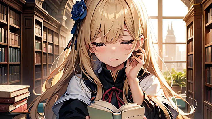 ((Highest quality)), ((masterpiece)), (detailed), One girl, library、I read a book、Tears、Close ~ eyes、blonde、Smooth Hair、