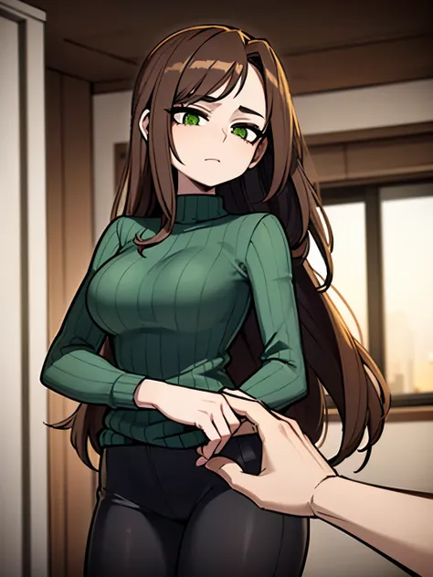 ((Masterpiece, Best Quality)), (1 adult woman) (woman 1.94 cm tall) (mature body), (Alone), (Feminine focus), (brown hair, Long brown hair) (slightly wavy hair) (Not blonde hair) (curtain bangs with wavy hair), (Dark green eyes,) (green) (No red or brown e...