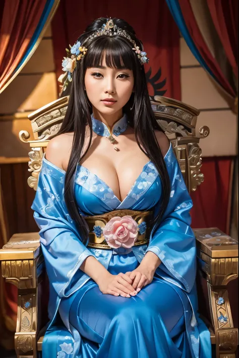 a close up of a woman sitting on a throne with a flower in her hair, a beautiful fantasy empress, ((a beautiful fantasy empress)), royal elegant pose, palace, a girl in blue hanfu, japanese empress, sitting on her throne, full body blue xianxia, on her thr...