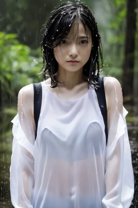 Best Image Quality, masterpiece, Ultra high resolution, (loyalty :1.4), Skinny Japanese woman, 1 girl, detailed face, detailed eyes, correct human body structure, dim, Dark, Tears, Tearsdrop, (White tight shirt), (wet soaked clothes sticking to the body:1....