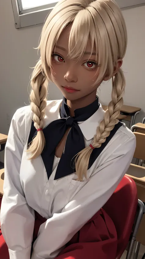 (masterpiece:1.2, best quality), 1lady, solo, , classroom, day, sit, blonde, twintails, red eyes, open collabone, darkskin, (open breasts:1.1),