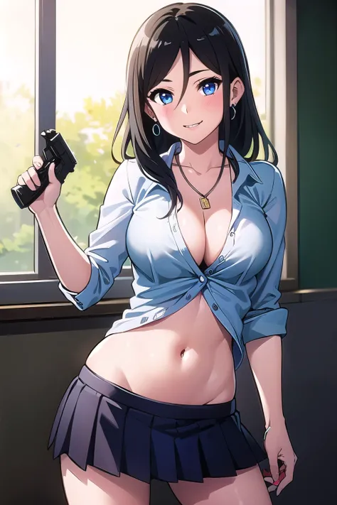 1girl, Asuka, black hair, long hair, medium breast, standing, hair between eyes, bangs, blue eyes, blush, lipstick, masterpiece, best quality, ((unbuttoned , cleavage, necklace, earrings, sexy body,
breasts)) , micro skirt, smiling, navel , exposed belly, ...