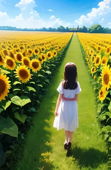 (masterpiece, 最high quality, high quality, High resolution:1.4)Hayao Miyazaki,Back view，Children，Sunflower field