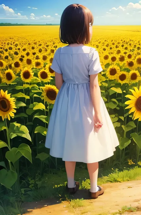 (masterpiece, 最high quality, high quality, High resolution:1.4)Hayao Miyazaki,Back view，Children，Sunflower field