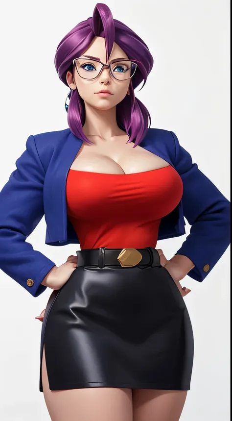 animelorelei, purple hair, blue eyes, hair between eyes, glasses, blue jacket, red shirt, cleavage, belt, pencil skirt high deta...