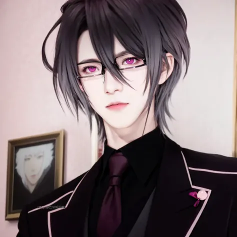 anime boy with dark grey hair and dark pink eyes in a suit, reiji sakamaki, diabolik lovers, anime guy with dark pink eyes, anime handsome man, with glasses, realistic, ultra details