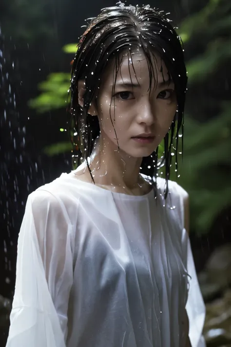 Best Image Quality, masterpiece, Ultra high resolution, (loyalty :1.4), Skinny Japanese woman, 1 girl, detailed face, detailed eyes, correct human body structure, dim, Dark, Tears, Tearsdrop, (White tight shirt), (wet soaked clothes sticking to the body:1....