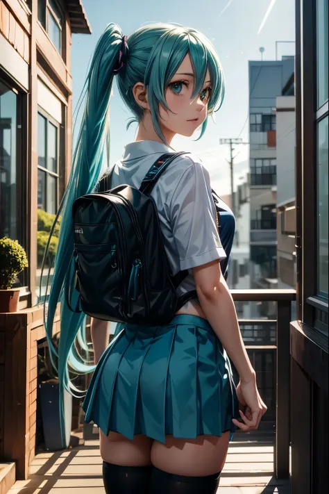 anime girl with long blue hair and a backpack standing in front of a balcony, mikudayo, anime moe artstyle, portrait of hatsune ...