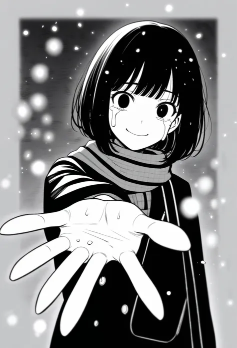 masterpiece, best quality, 1girl, mamerakkkkko, grayscale, manga style, japanese, chi no wadachi, black eyes, street, iced, blac...