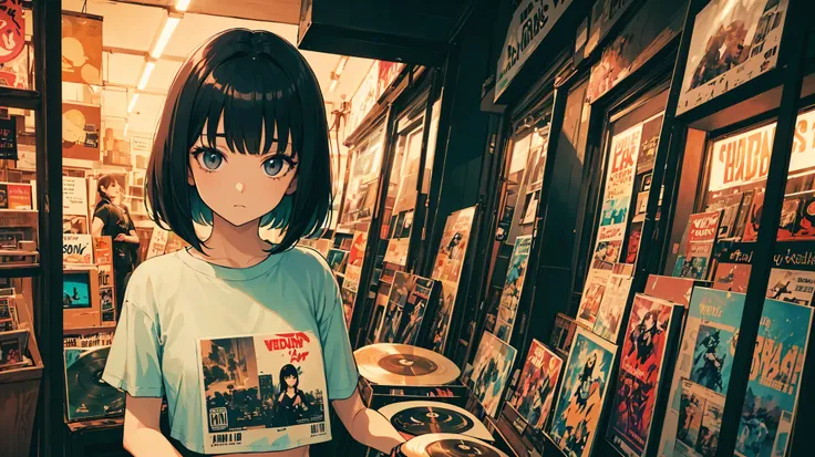 A very detailed beautiful woman, Perfect face,Black Hair, bob cut,Bangs, Gray eyes, Top of crop, Short sleeve, crop top, Super detailed, Retro Wave, Cyberpunk, Sad atmosphere, night light through the window, night vibes, Room, 2d, (long shot), Old comics, ...