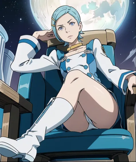 (Ultra-High Definition),eureka, night, moonlight, lone girl, purple eyes, short light blue hair, choker, hair clip, white and blue dress, long sleeves, white and blue knee high knee boots, shiny boots, full length view, legs up showing soles, sitting in ch...