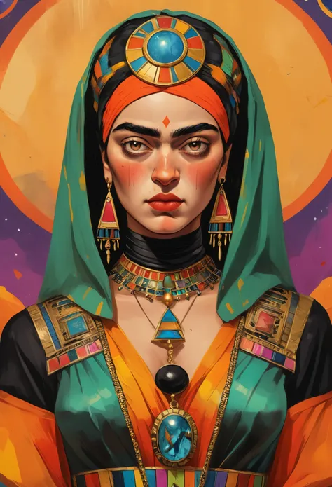 A colorful painting Frida Kahlo as a Tarot Card: score_9, score_8_up, score_7_up, score_6_up, score_5_up, [ ACOCleopatra],[Black Hair],Cleopatra from Assassins Creed Origins,[Jewelry],[ancient Egypt],4k,sharp image,detailed, sexy, extremely detailed artger...