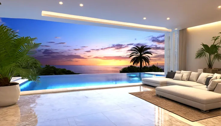 ((Beautiful Clouds))Designer lighting in front、There is a sofa and a coffee cup on the table、There is a waterfall nearby、Sunset and sea in the distance,(High-quality poolside flooring),There is a wall-mounted TV、Screen 70%The sea,4K,Ultra HD,Extravagant sp...