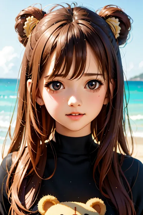 there is a woman holding a teddy bear on the beach, kawaii realistic portrait, cute anime girl, anime visual of a cute girl, smooth anime cg art, artwork in the style of guweiz, portrait of cute anime girl, cute portrait, beautiful anime portrait, beautifu...