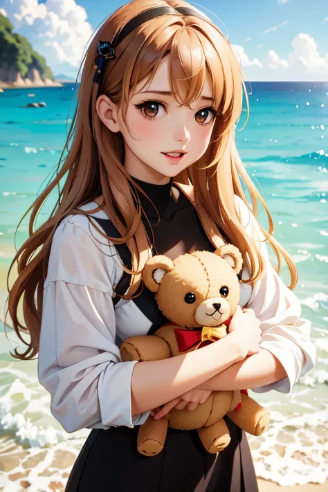 there is a woman holding a teddy bear on the beach, kawaii realistic portrait, cute anime girl, anime visual of a cute girl, smooth anime cg art, artwork in the style of guweiz, portrait of cute anime girl, cute portrait, beautiful anime portrait, beautifu...