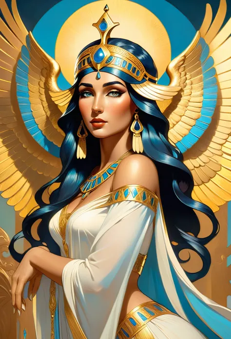 beautiful goddess isis, egyptian goddess, alphonse mucha style, detailed crown, queenie gesture, ornate headdress, flowing robes, golden skin, piercing eyes, intricate details, ethereal lighting, dreamlike atmosphere, vibrant colors, dramatic pose, master...