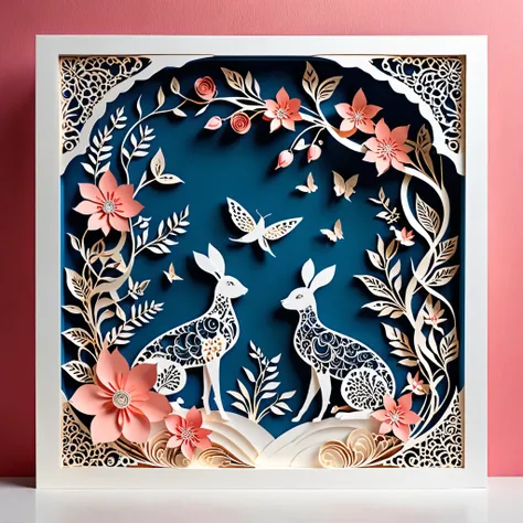 Create a detailed paper cutout artwork depicting a scene that combines intricate patterns with various flowers. The scene should include a harmonious blend of elaborate, decorative patterns interwoven with different types of flowers such as roses, lilies, ...