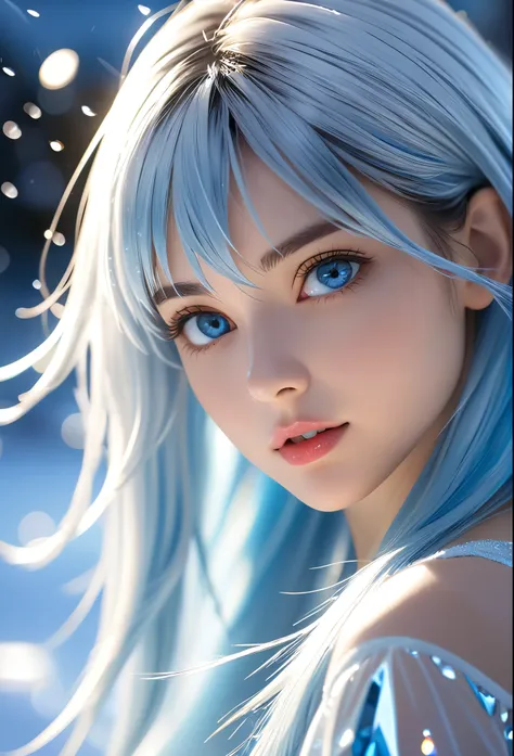 beautiful, young woman, in the crystal and ice area, fluttering ice, snowing, streaked hair, sliver hair, sky blue hair, long hair, blue eyes, eye reflection, disdain, ray tracing, reflection light, blurry, glowing light, shallow depth of field, chiaroscu...