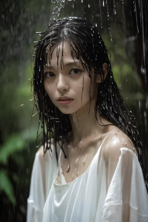 Best Image Quality, masterpiece, Ultra high resolution, (loyalty :1.4), Skinny Japanese woman, 1 girl, detailed face, detailed eyes, correct human body structure, dim, Dark, Tears, Tearsdrop, (White shirt), (wet soaked clothes sticking to the body:1.4), ba...