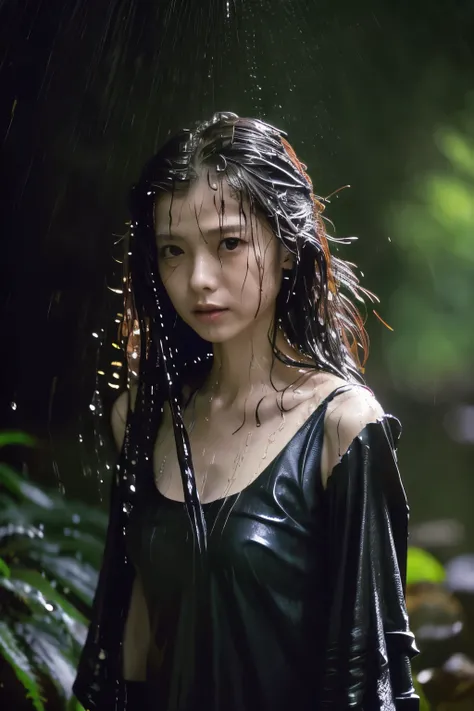Best Image Quality, masterpiece, Ultra high resolution, (loyalty :1.4), Skinny Japanese woman, 1 girl, detailed face, detailed eyes, correct human body structure, dim, Dark, Tears, Tearsdrop, (White shirt), (wet soaked clothes sticking to the body:1.4), ba...