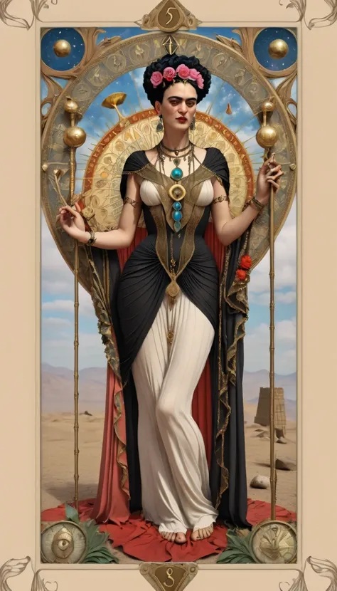 Frida Kahlo as a Tarot Card: score_9, score_8_up, score_7_up, score_6_up, score_5_up, [ ACOCleopatra],[Black Hair],Cleopatra from Assassins Creed Origins,[Jewelry],[ancient Egypt],4k,sharp image,detailed, sexy, extremely detailed artgerm, (masterpiece, bes...