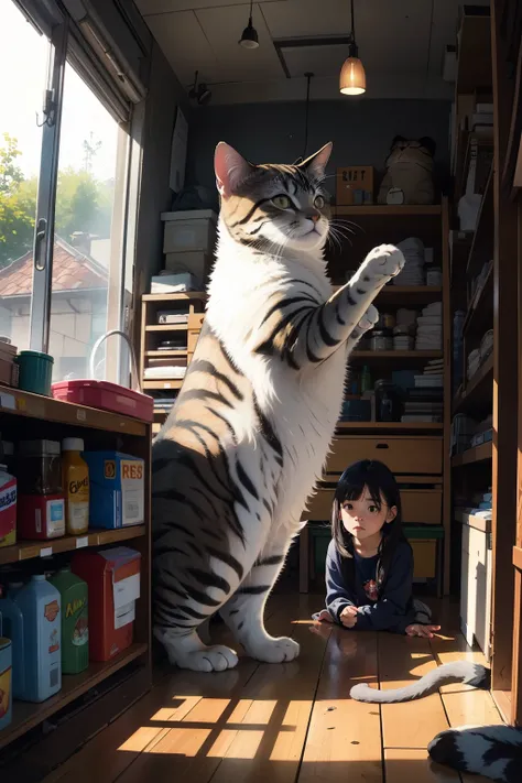 one petting a giant cat inside a dusty old store