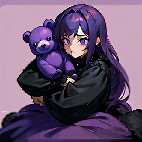 ((Best Quality)), ((Masterpiece)), (detailed), girl, Gigantic, little, wide, gothic, hugging a purple bear stuffed animal, black fur, fur inside pink