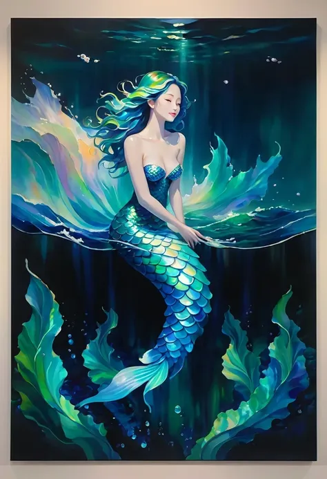 create an awe-inspiring oil painting that captures the enchanting beauty of a japanese mermaid gracefully gliding through the de...