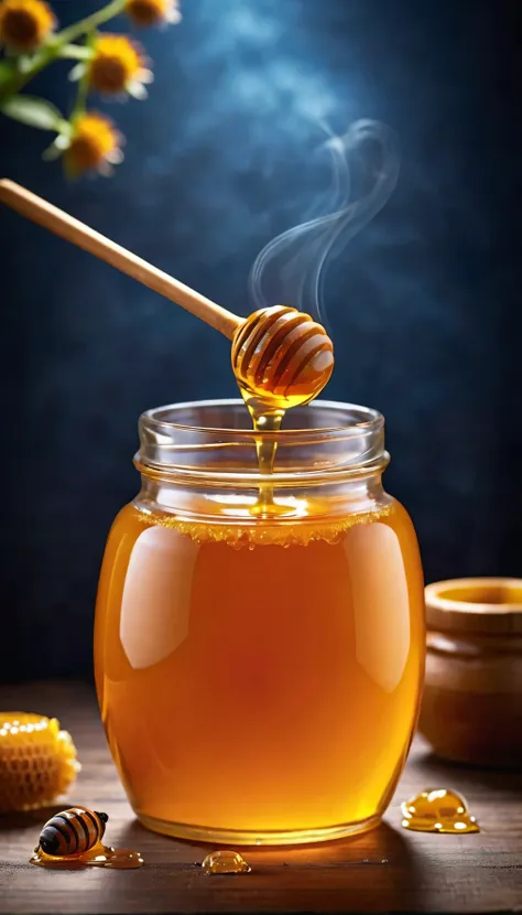 create a clear, high-resolution image of a transparent honey jar suitable for use as an advertising poster background. detailed ...