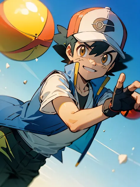 (masterpiece, best quality:1.2), (ball throwing pose:1.2), dutch angle,solo, 1boy pokemonketchum, smile, looking at viewer, baseball cap, blue jacket, sleeveless jacket, shirt, short sleeves, pants, fingerless gloves,