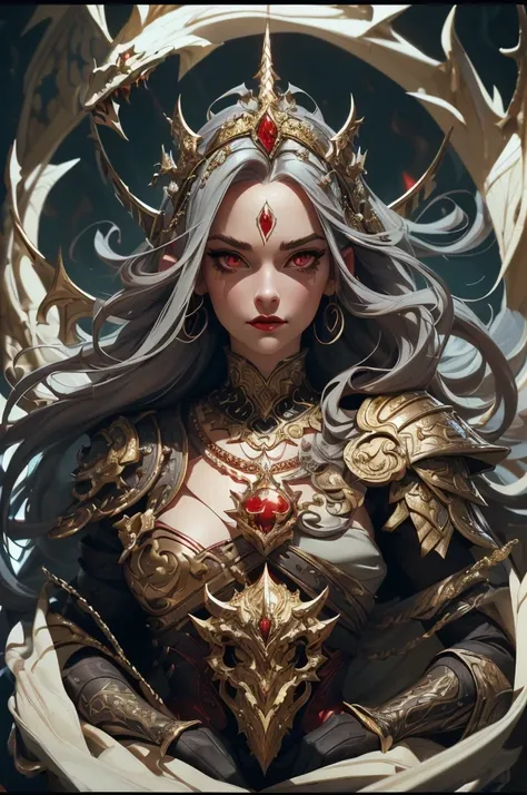 Solo, full-body photo, panorama, a female magician (Kristen Stewart, wearing a two-horned crown, long golden hair shawl, eye details depicted. Red eyes, silver scales armor, her cheeks have silver dragon scales and dragon decoration, looks natural and powe...