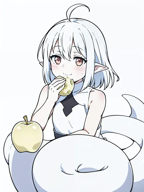 1girl,9s,kid,smile,short hair,white hair,ahoge,lamia tail,white lamia tail,(white background),pointy ears,sleeveless,cute,blush,eating a apple,portrait,shy,looking away